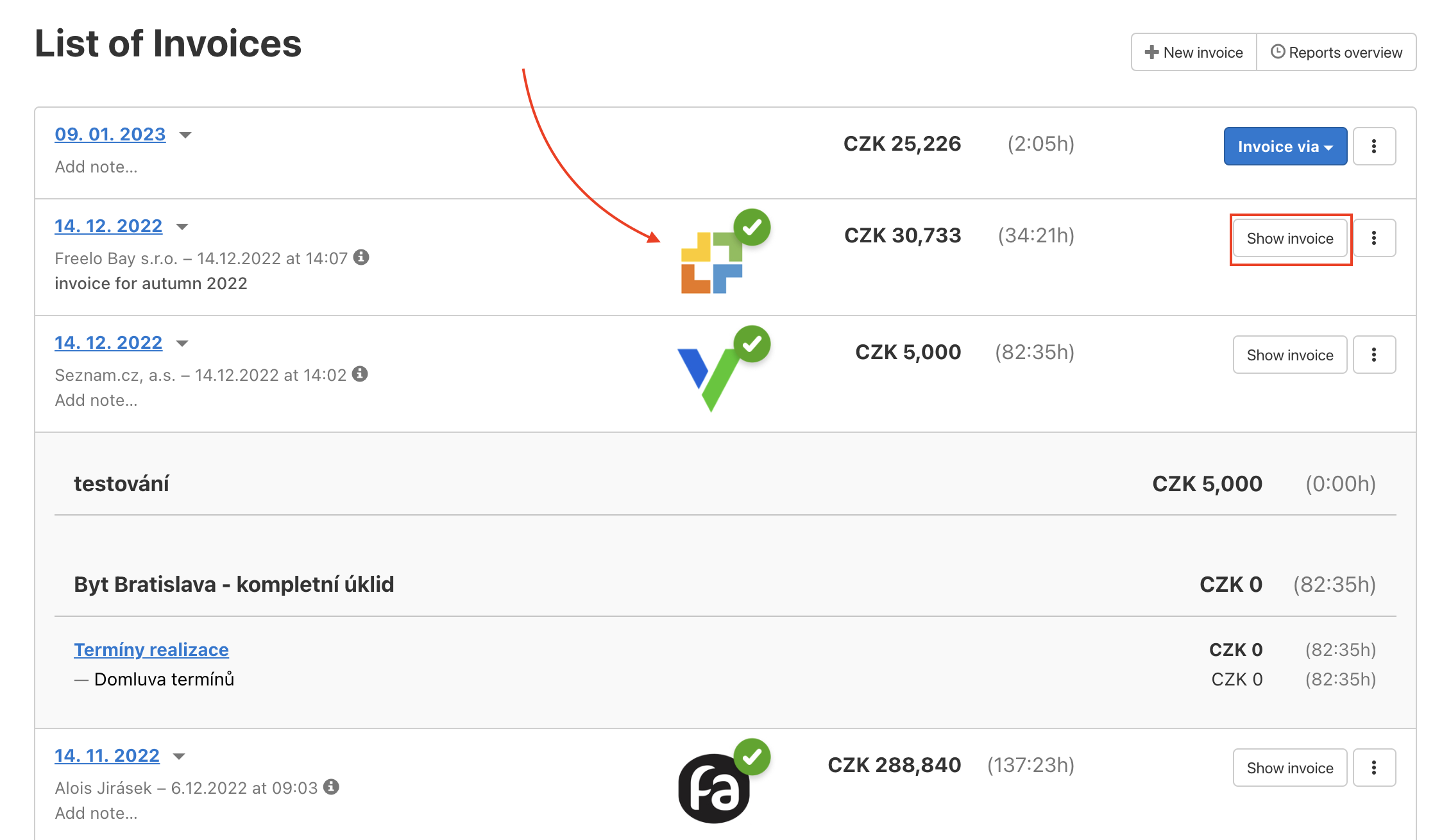 List of billed items and invoiced via integrated app.