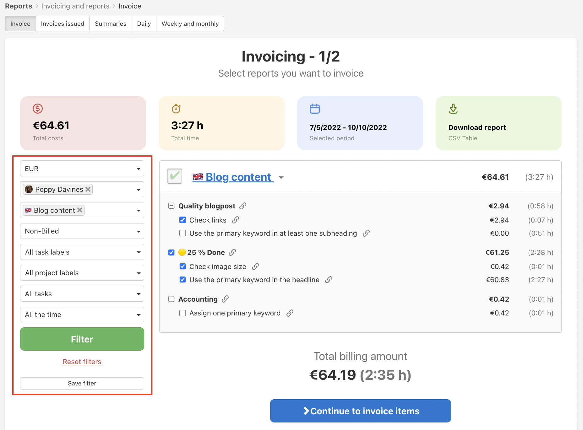 You can filter the tasks to invoice.