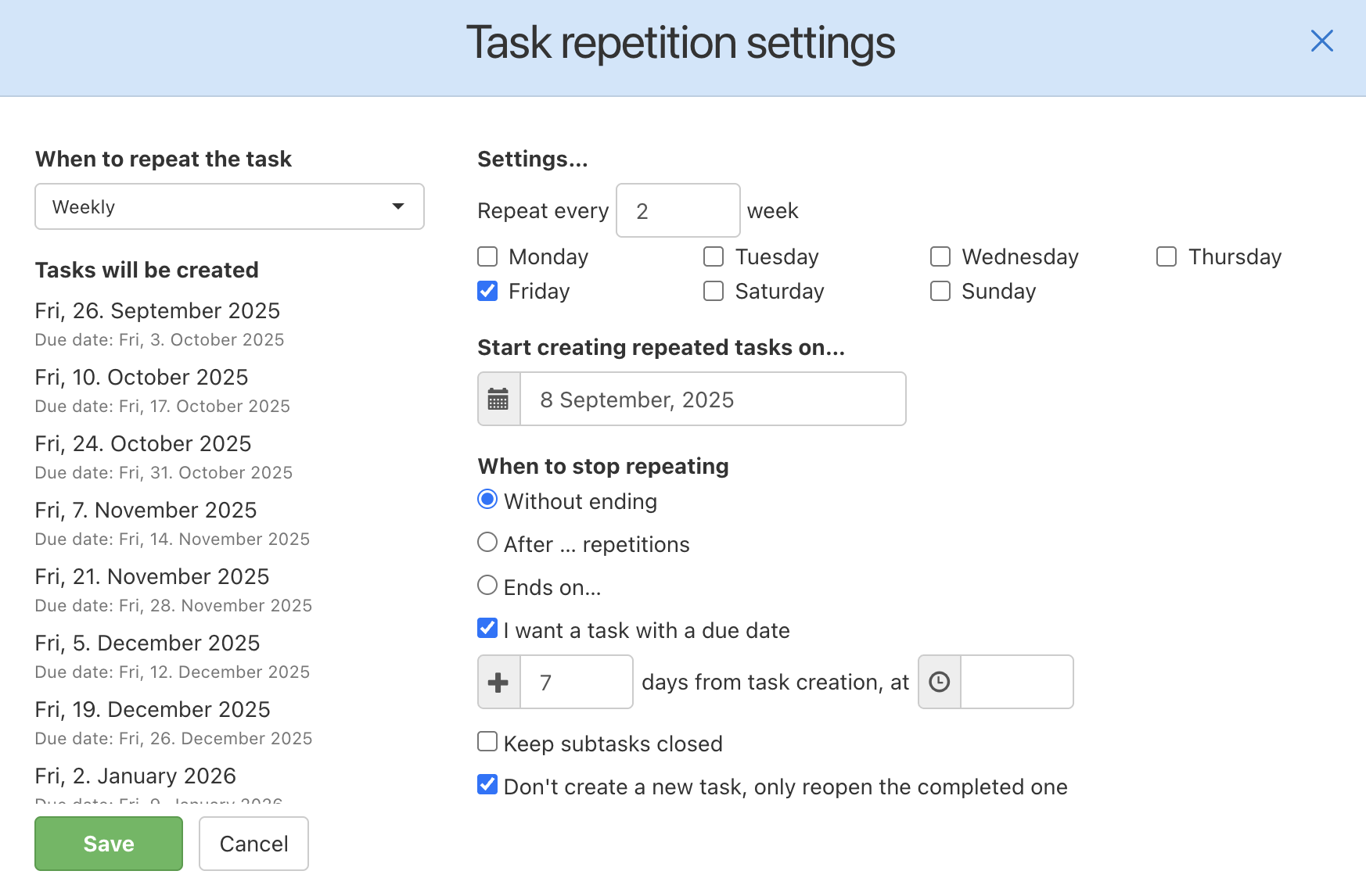 Setting the first identical repeated tasks.