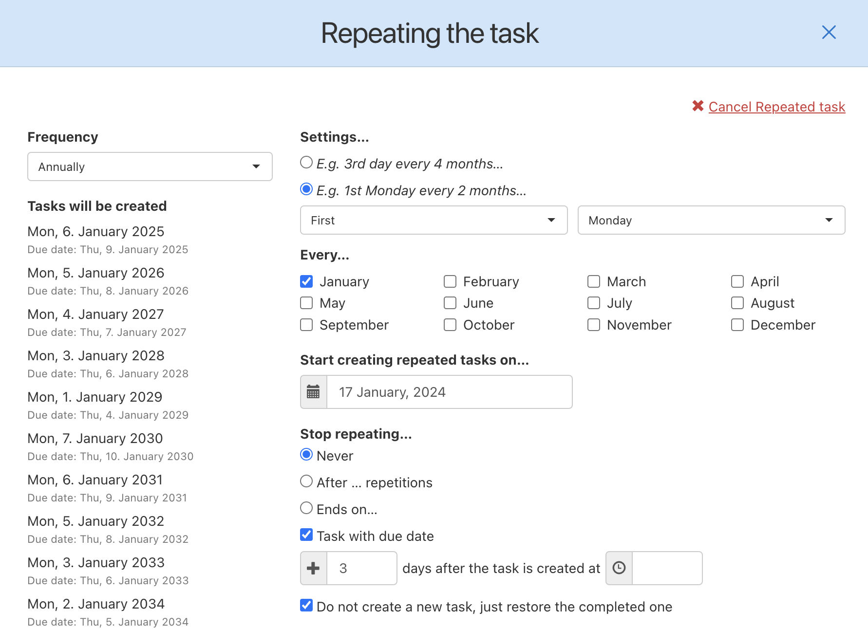 How to set up annually repeated tasks.