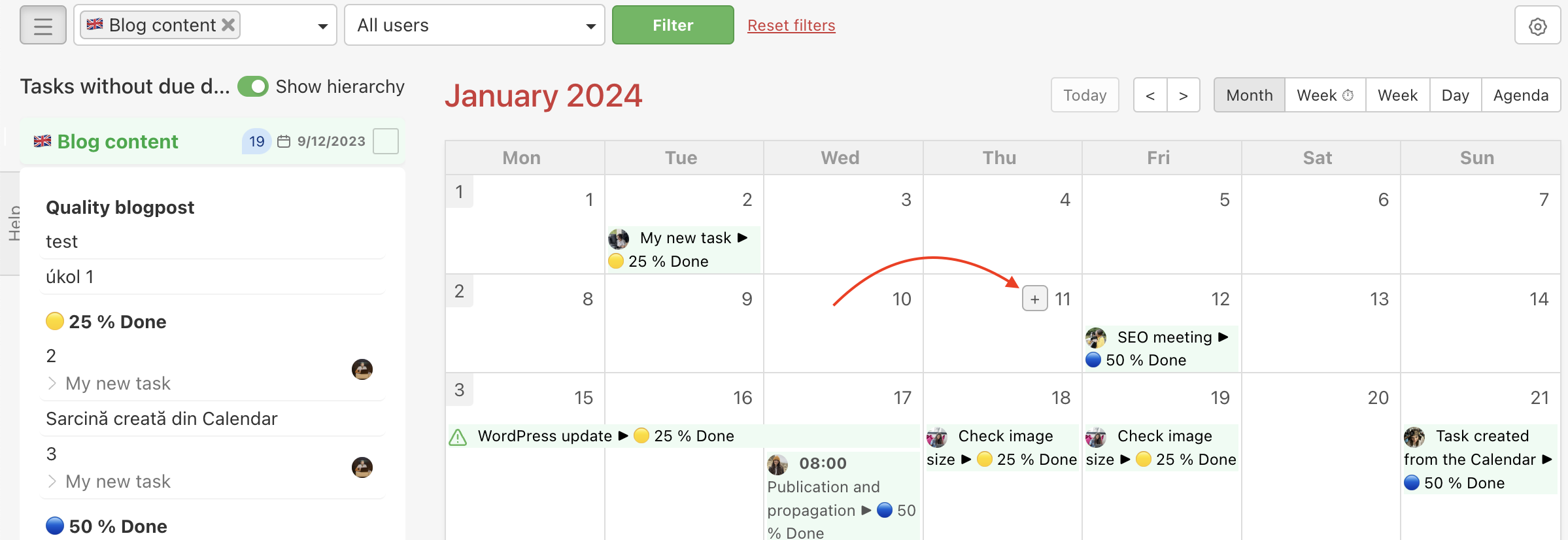How to add a new task in the Calendar via the + button in the monthly view.