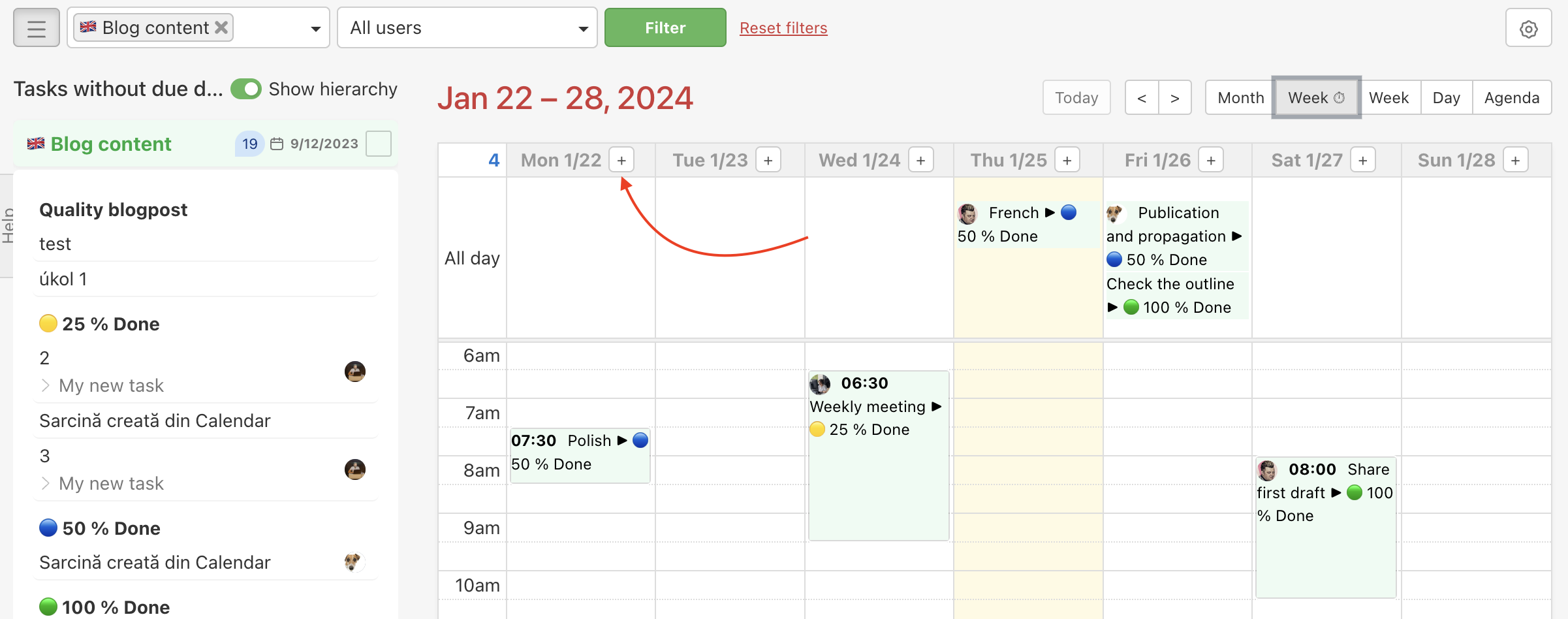 Example how to add a new task in the Calendar via the + button in the weekly view.