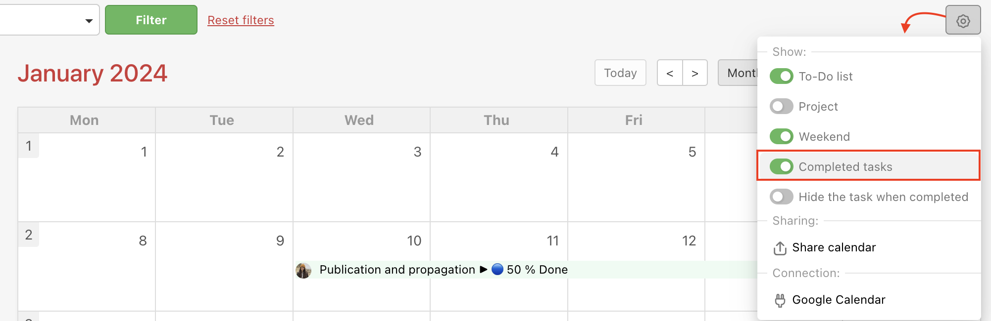Change the calendar settings for it to show completed tasks too.