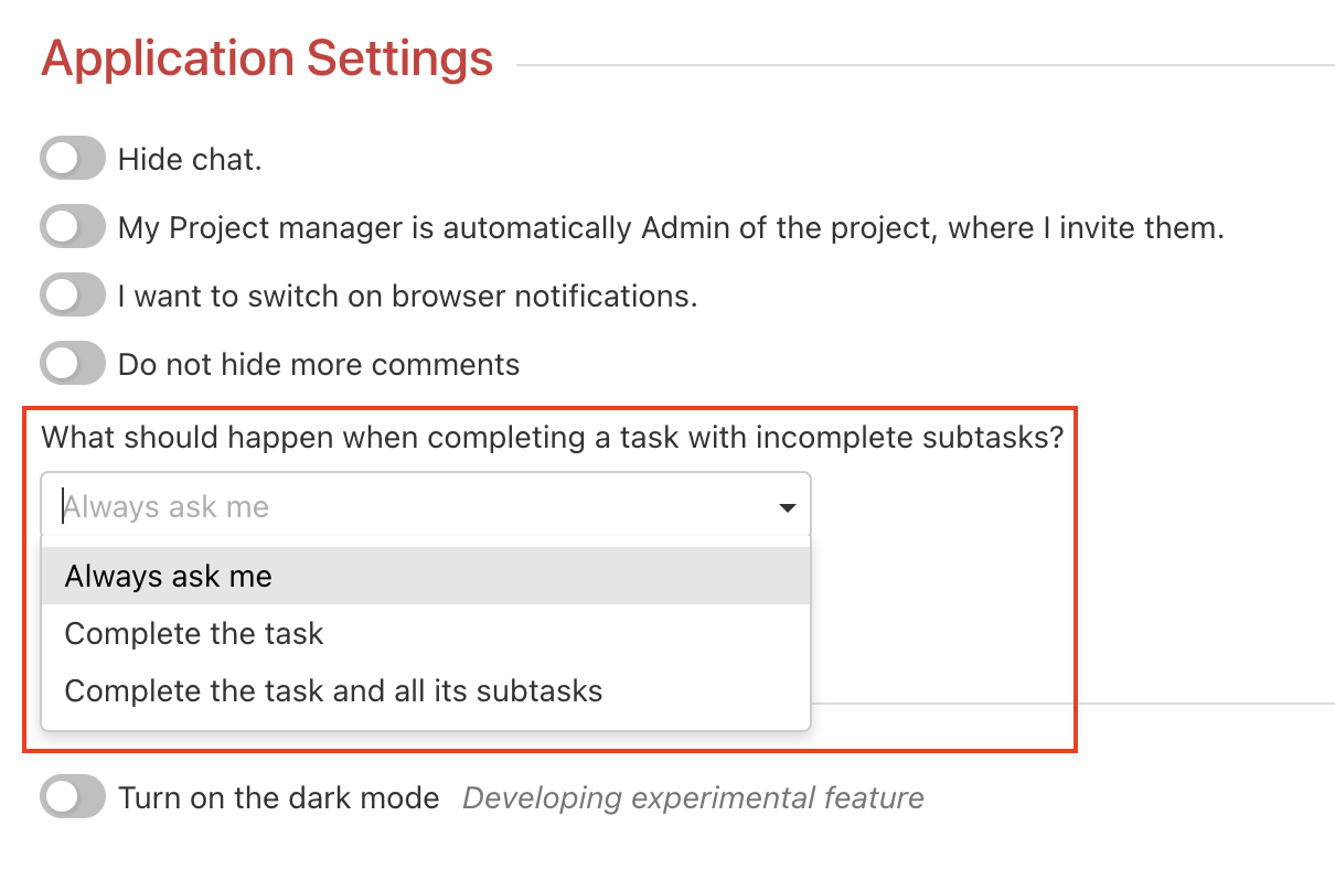 Personalizing the settings of the unfinished subtasks warning.