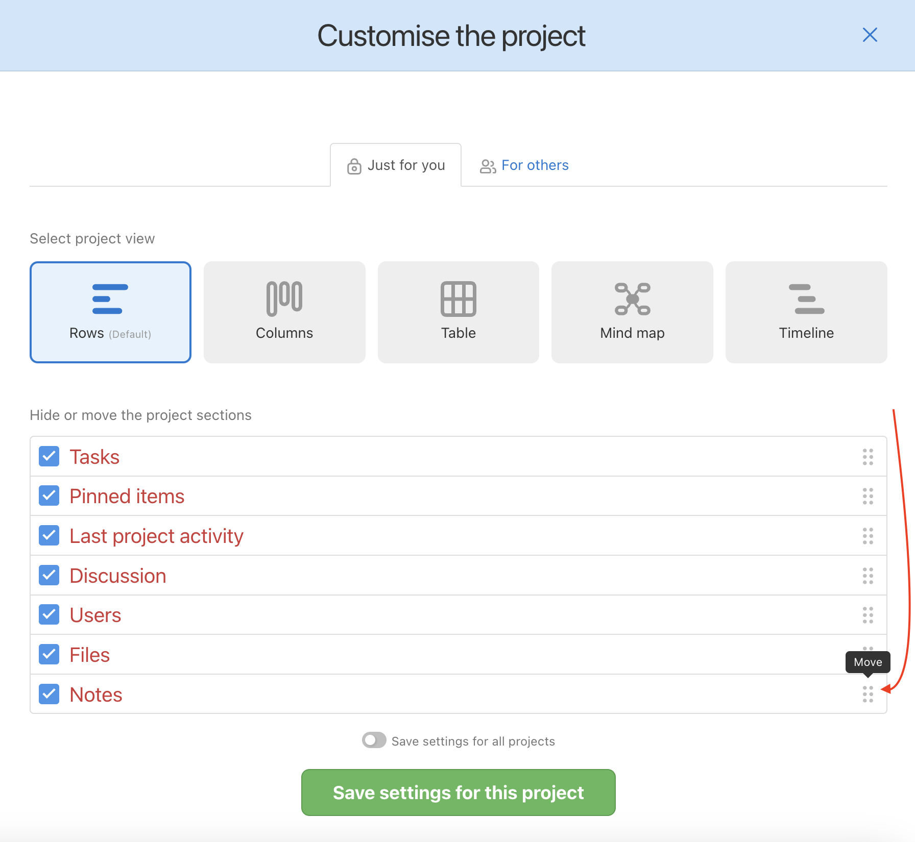 Project detail personalised settings.