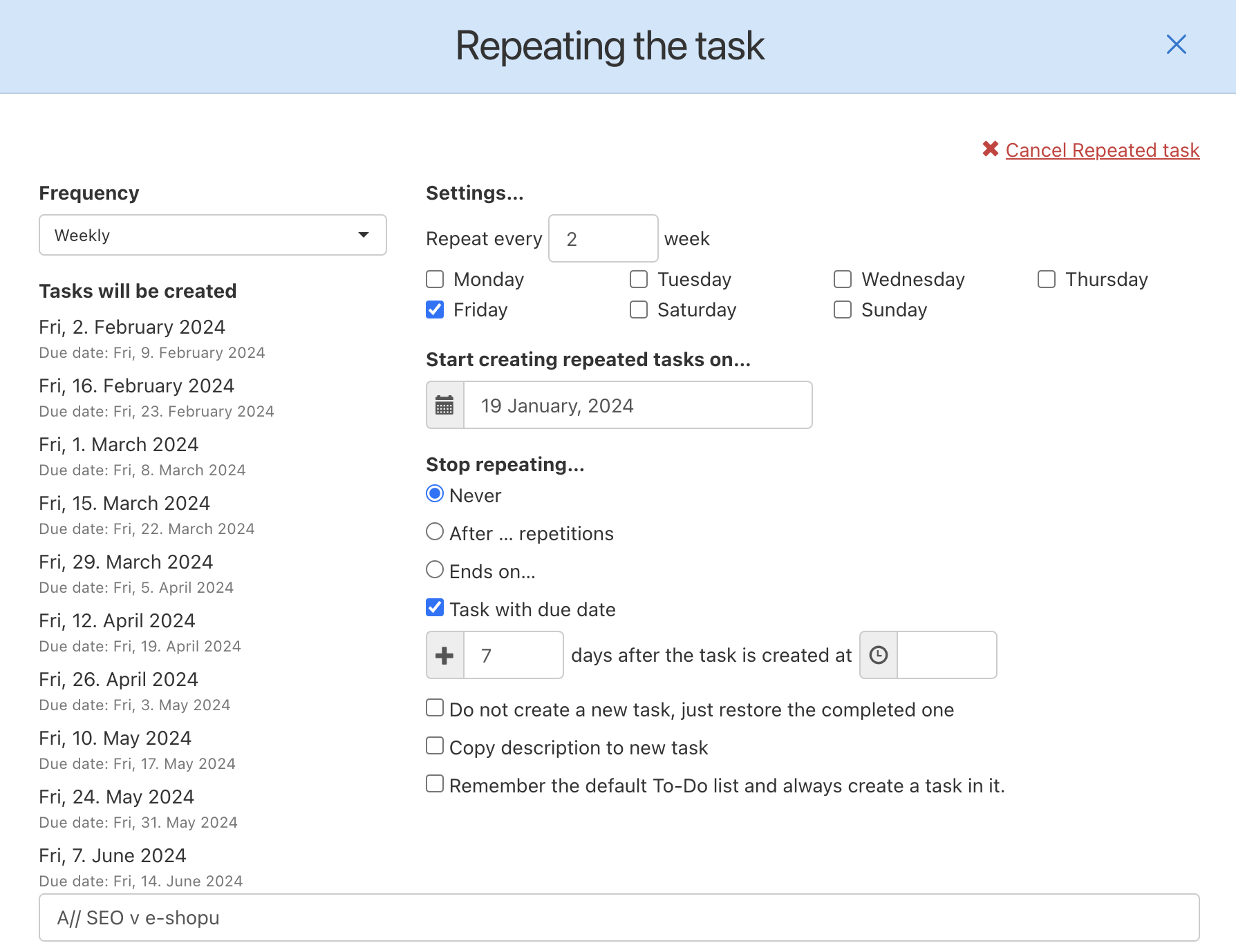 Setting the first identical repeated tasks.