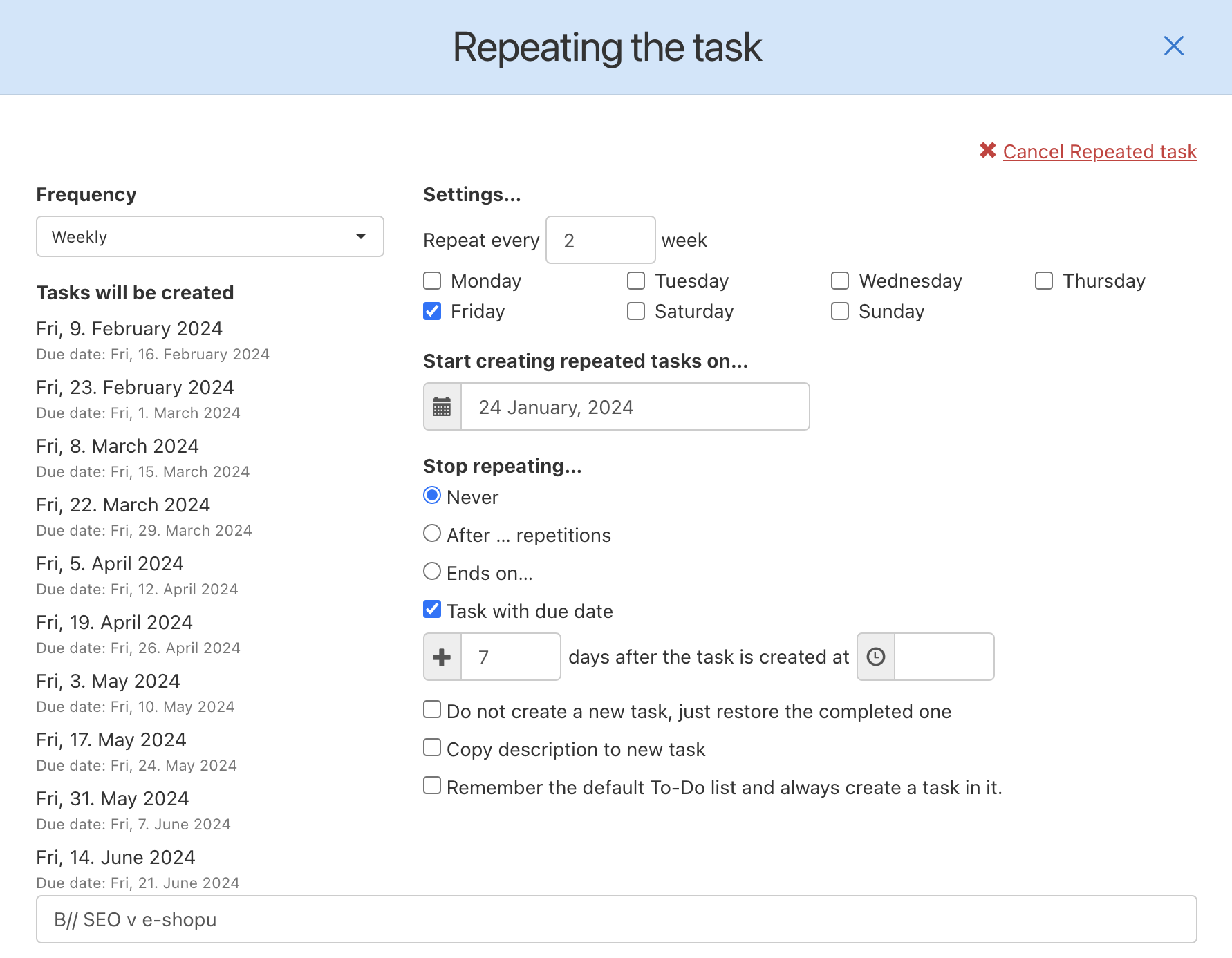 Setting the second identical repeated task.