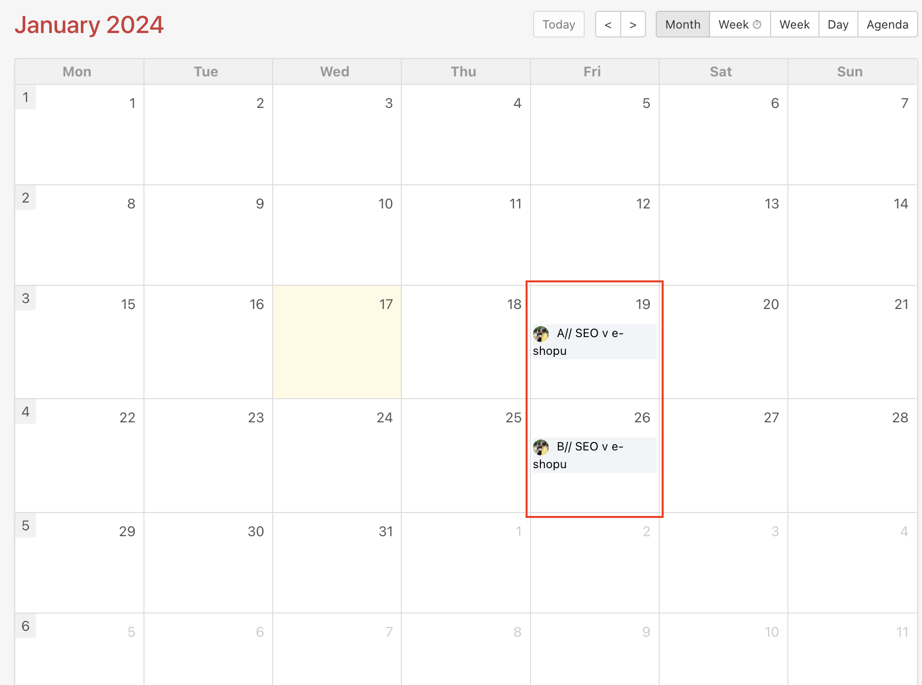 Example of repeated tasks visible in the Calendar.