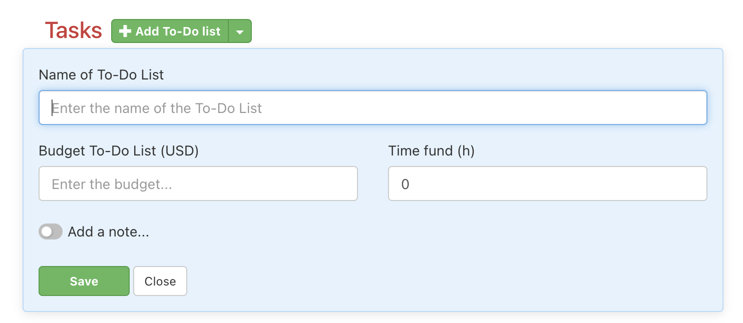 Creating a new To-Do list including setting its budget and time fund.