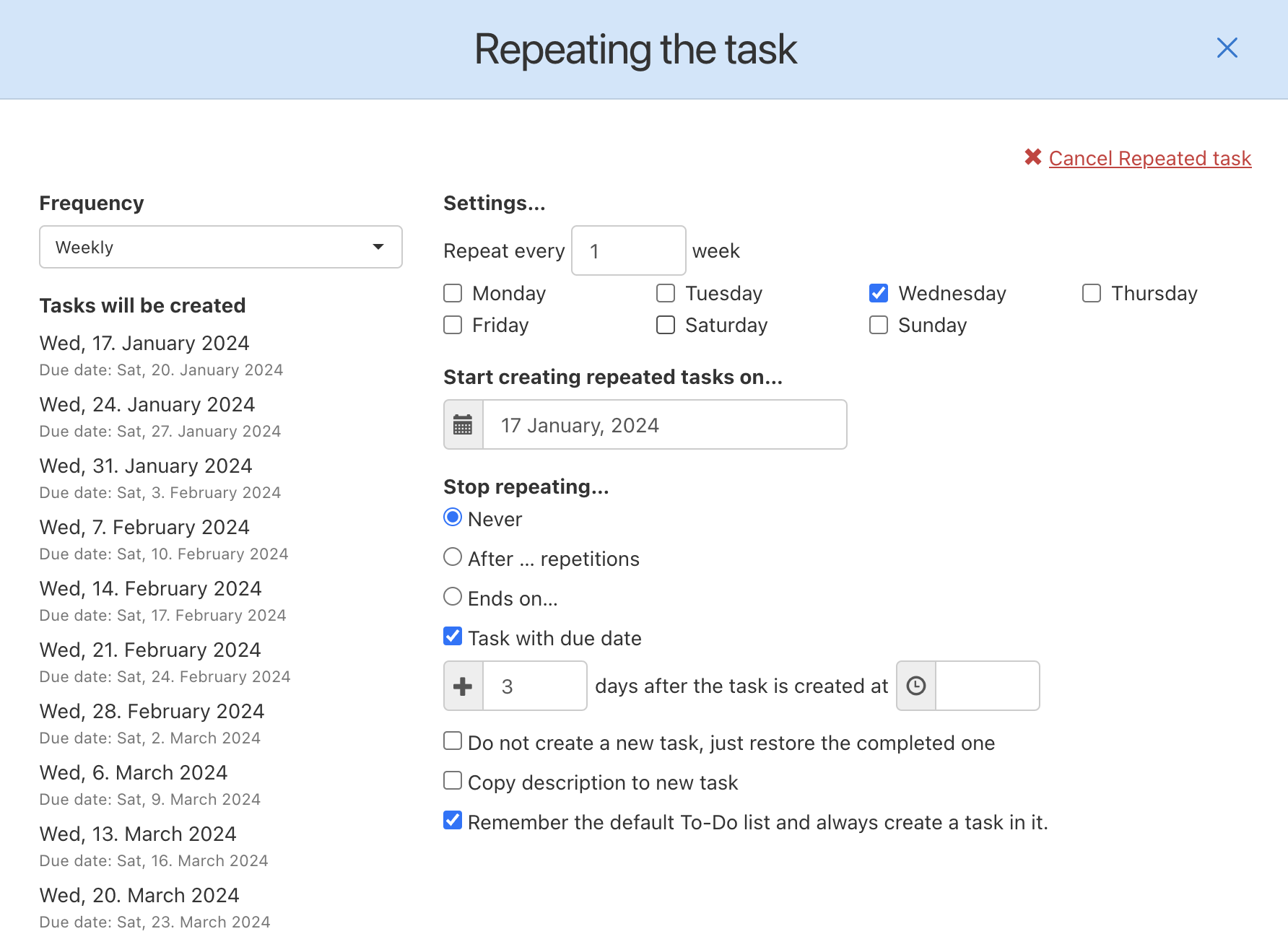 How to set up repeated tasks on a weekly basis.