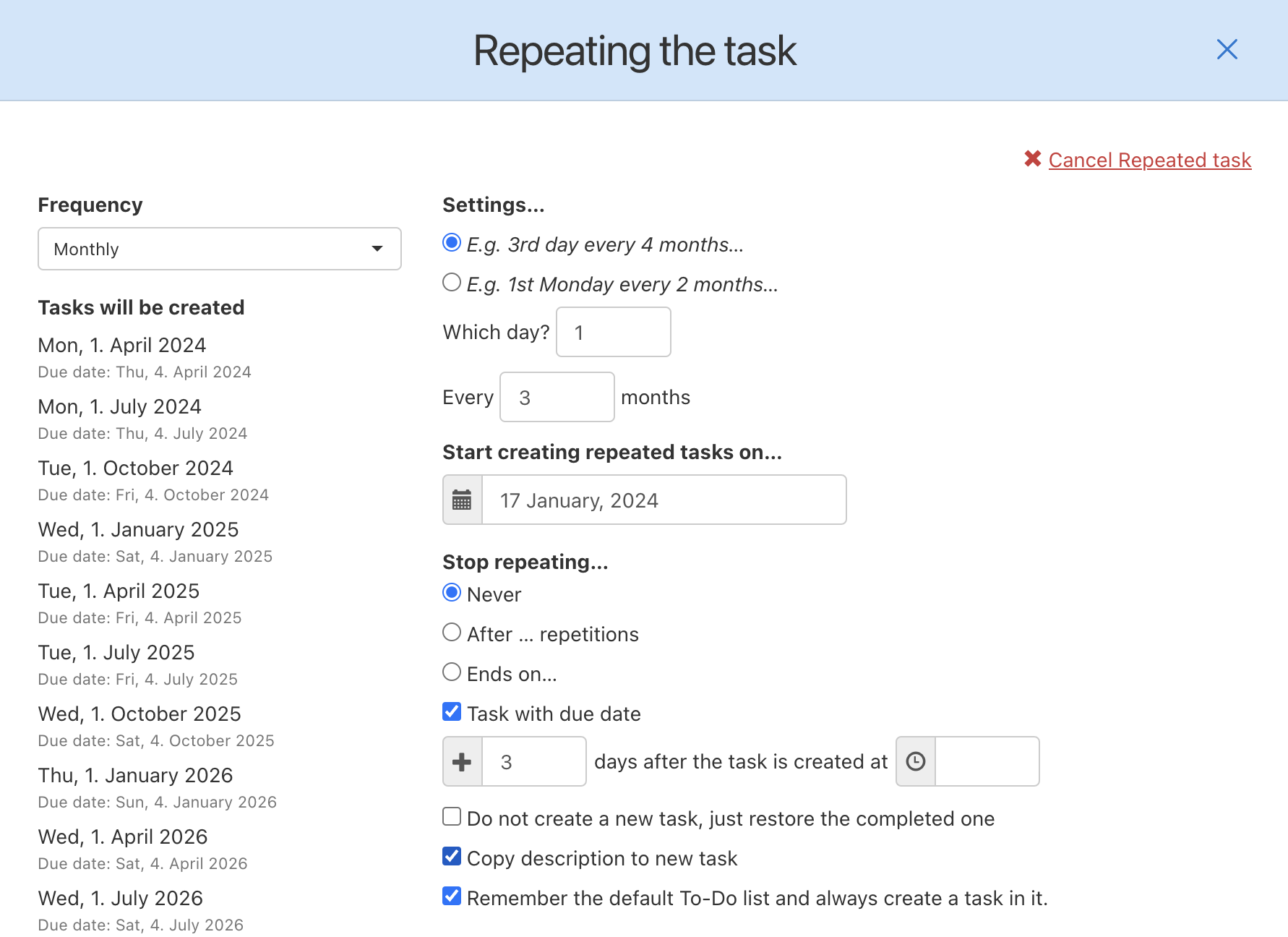 How to set up quarterly repeated tasks.