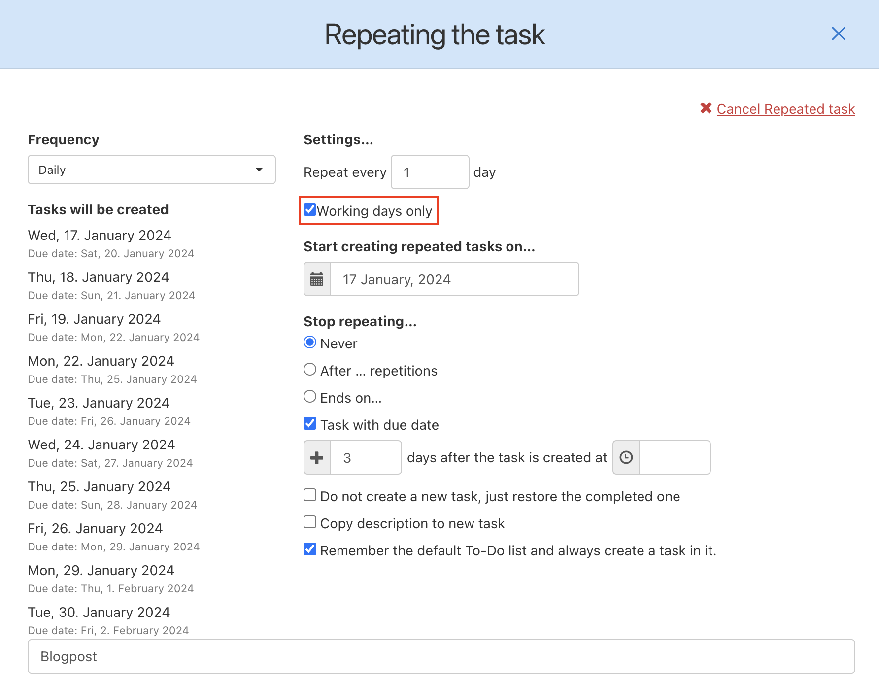 How to set up a repeated task for every weekday.