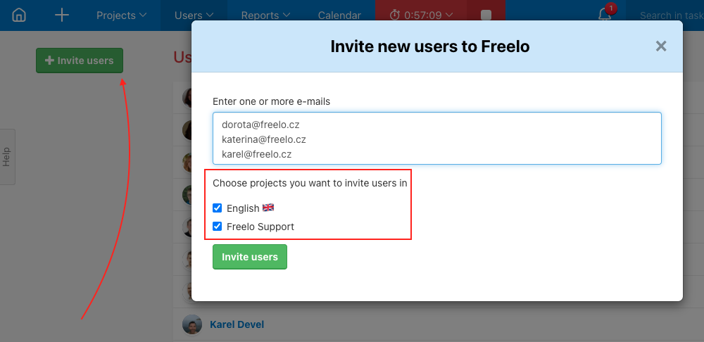 Bulk inviting users through email invitations to multiple projects.