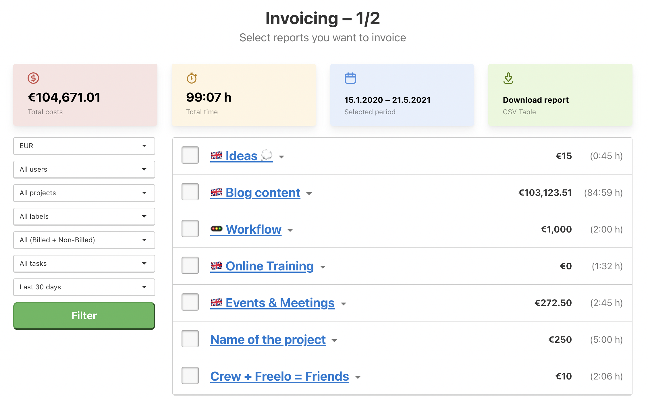 First page of invoicing in Freelo.