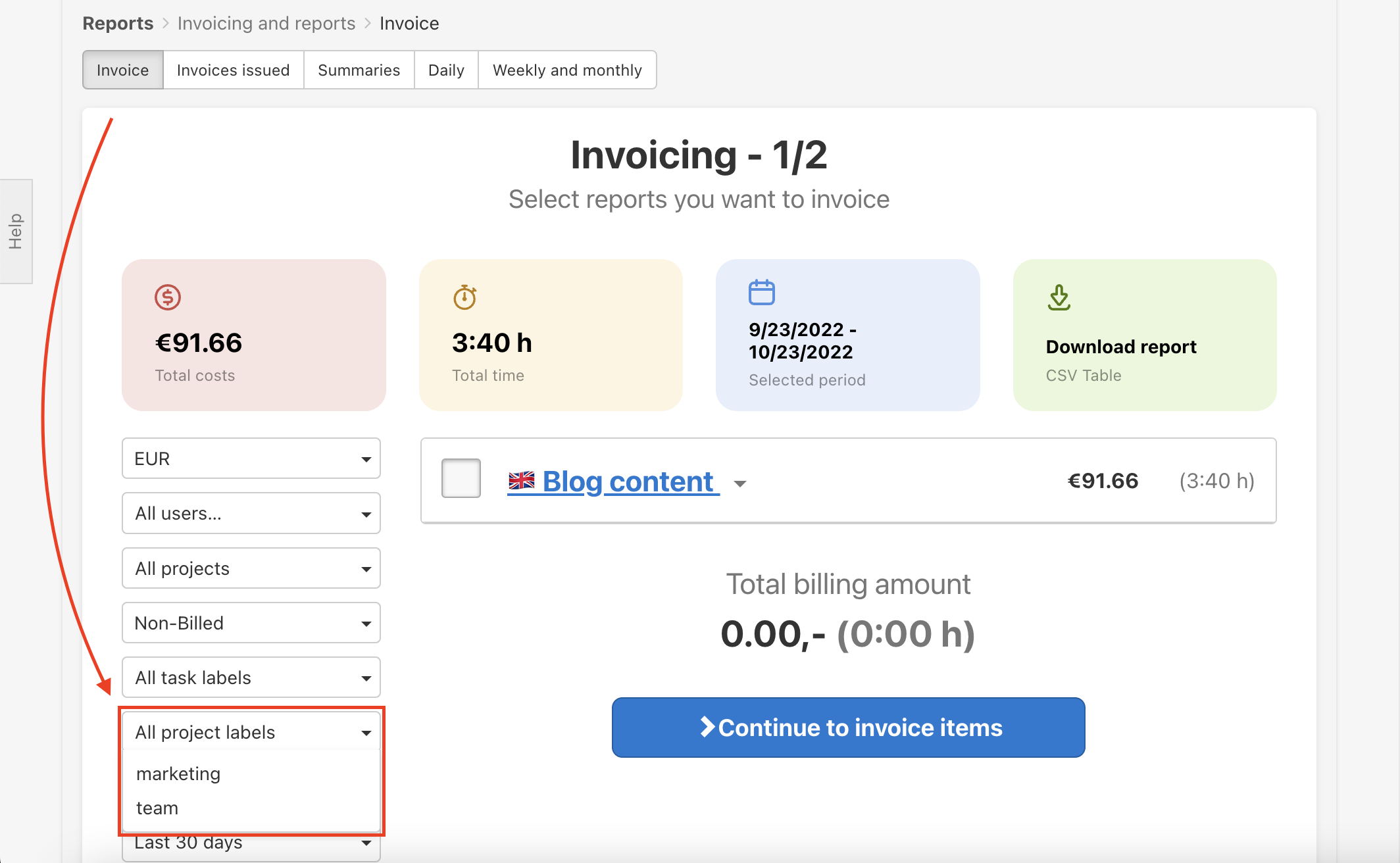 How to use the project label when invoicing in Freelo.