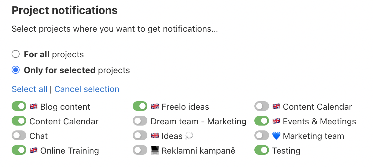 Example of how to set up notifications only for particular projects.