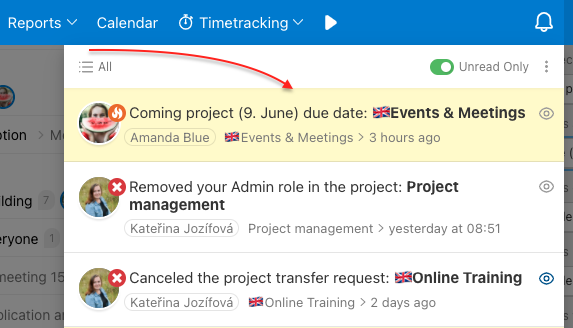 Notification in Freelo about upcoming project deadline.