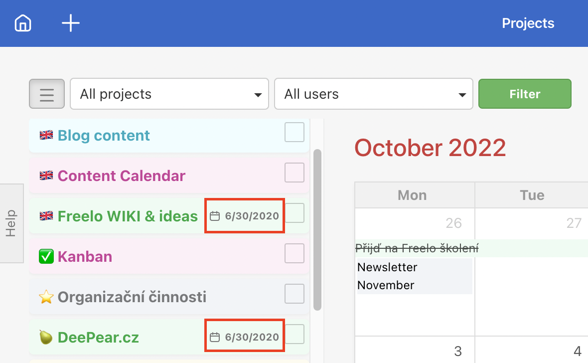 Example of project deadlines in the Calendar.
