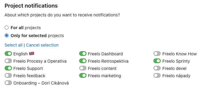 Example of how to set notifications only for selected projects.