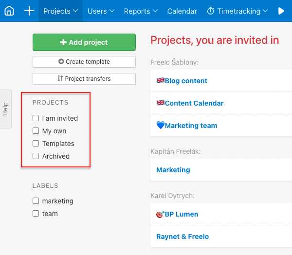 How to filter projects by its type.