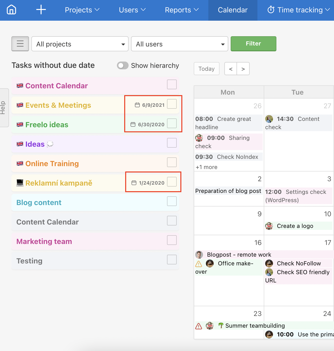Example of project deadlines in the Calendar.