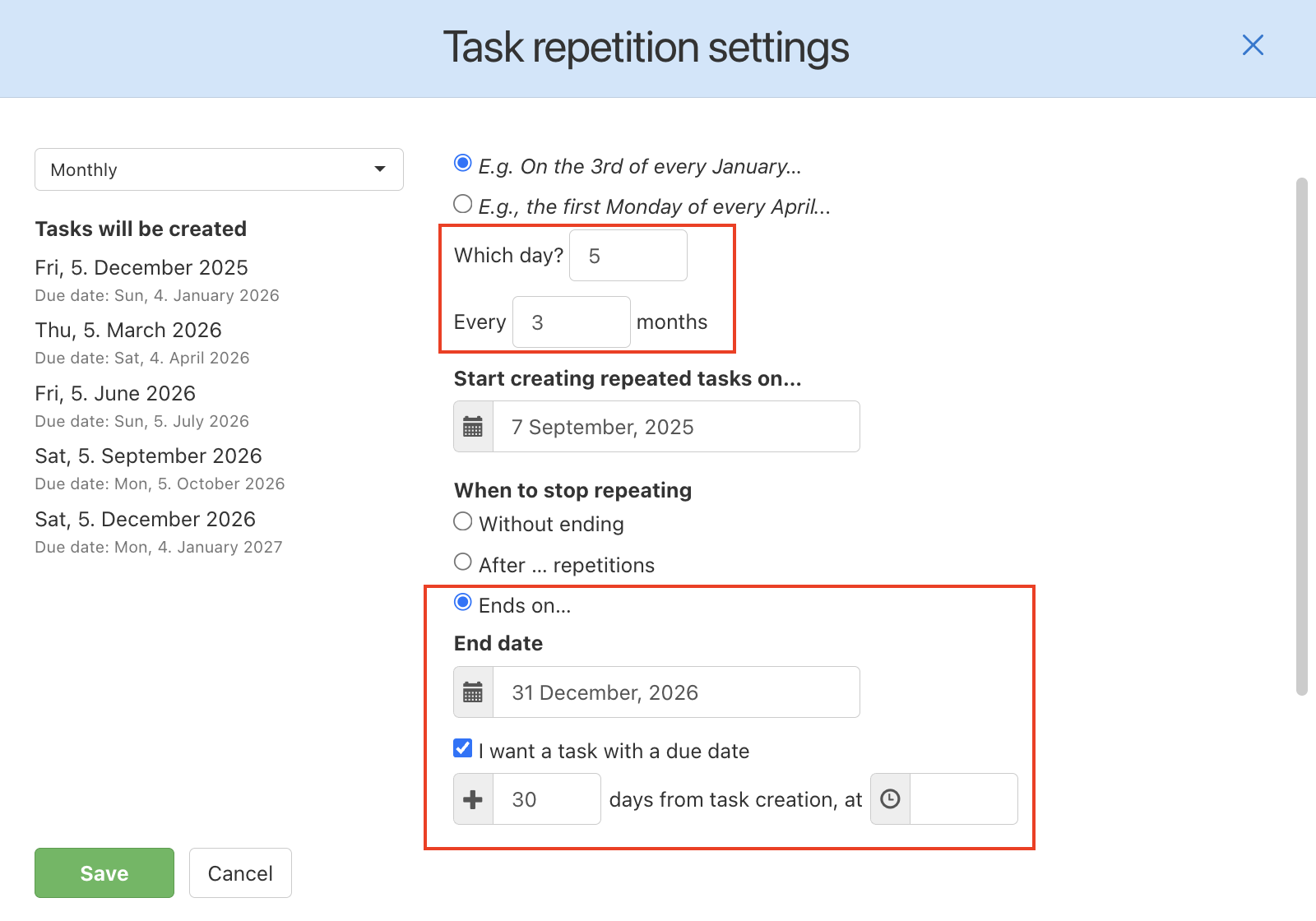 How to set up quarterly repeated tasks.