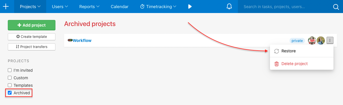 How to restore an archived project.