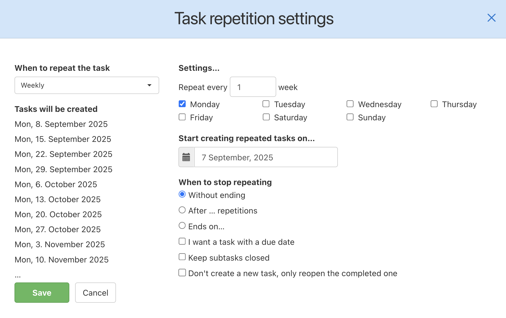 Set up all the details and confirm via Save.
