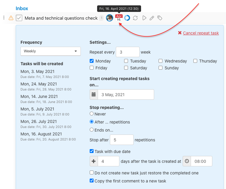How to set up repeated task with due date for the current task.