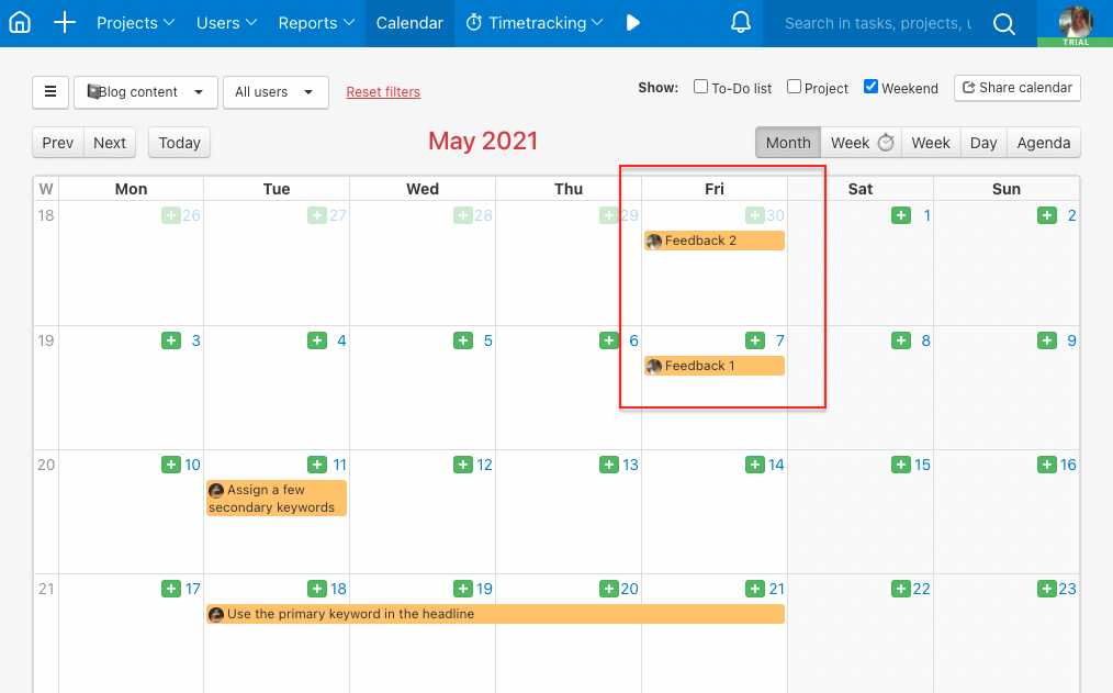 Example of repeated tasks visible in the Calendar.