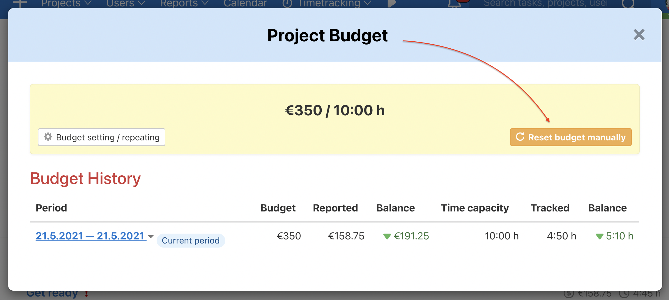 How to reset project budget manually.