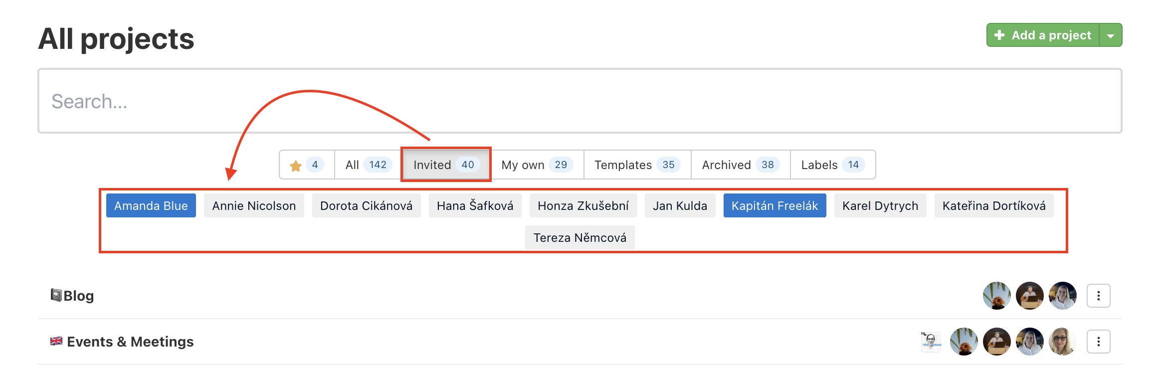 Example of the Invited section. Select the users you want to see their projects where you are invited.