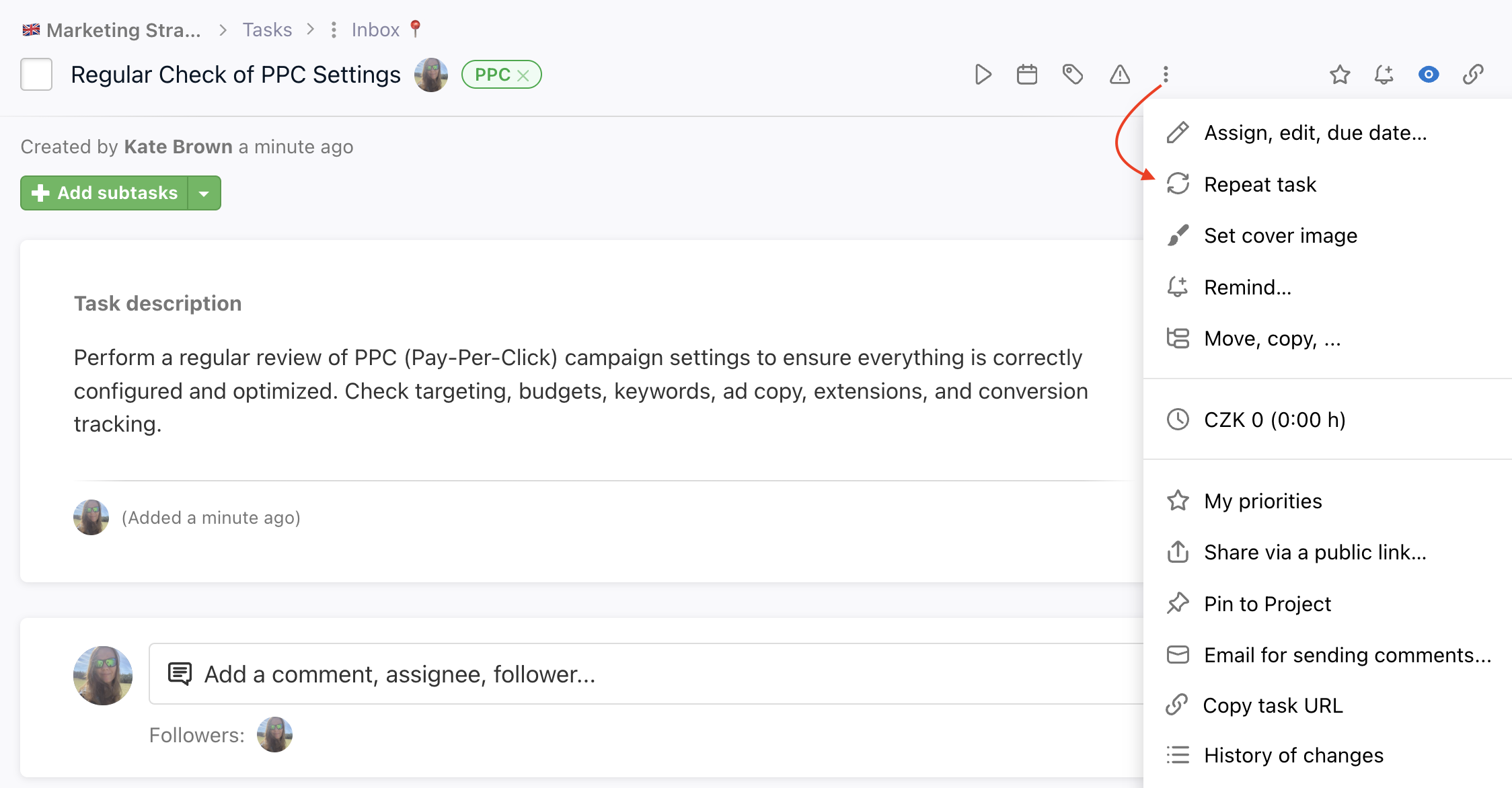 How to set task repetition in task detail.