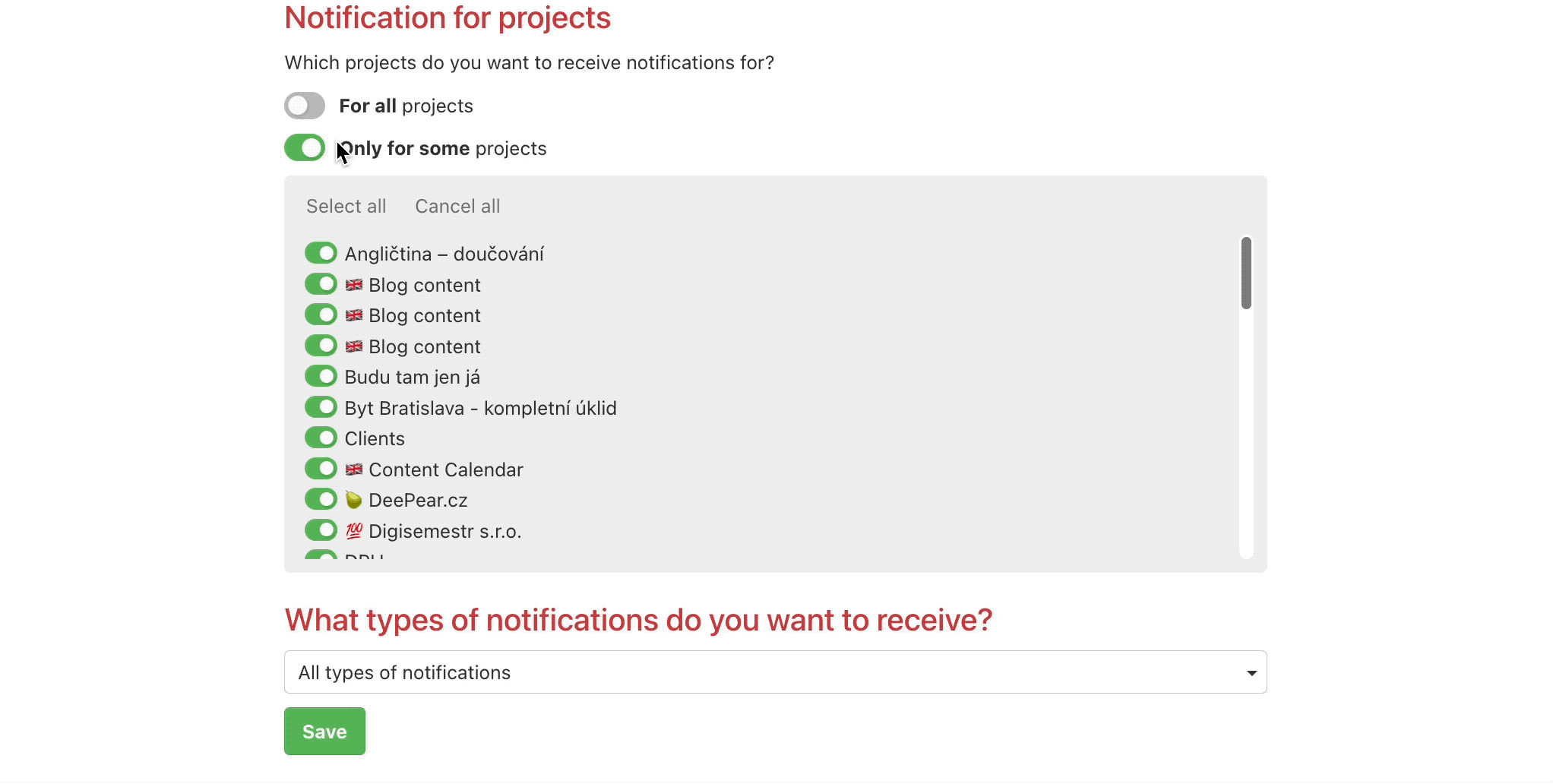Example of setting notifications only for some projects in Freelo.