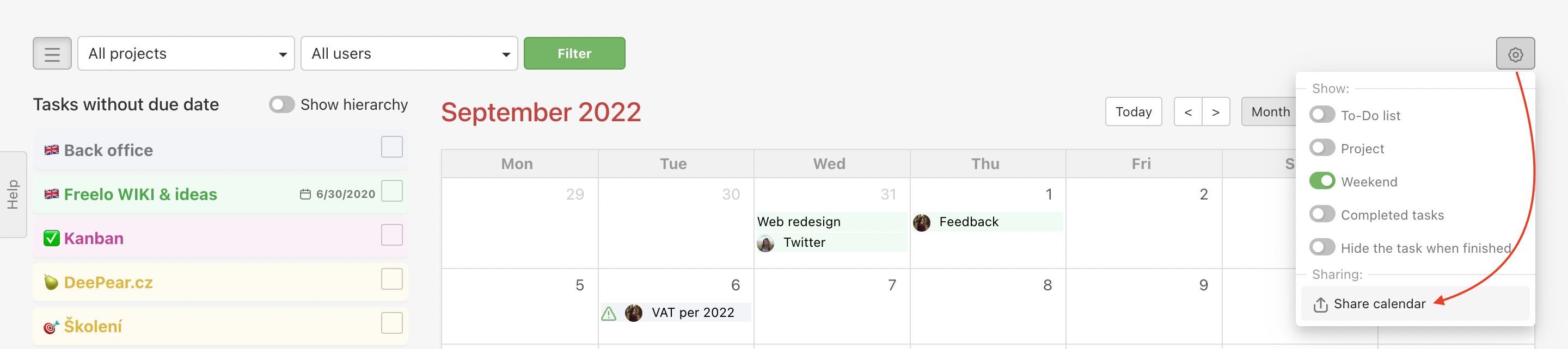 How to start sharing your Freelo calendar.
