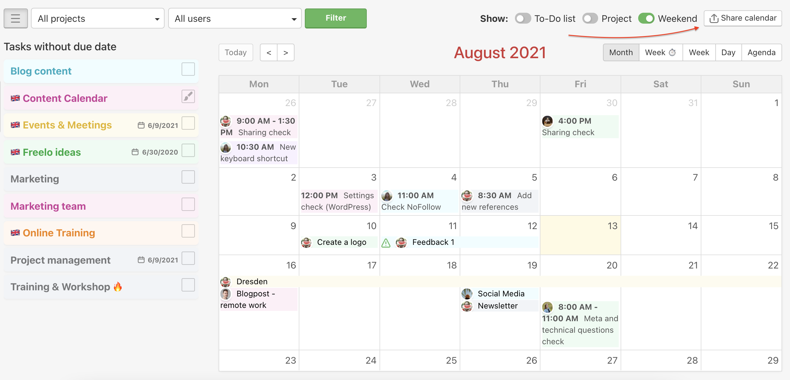 How to start sharing your Freelo calendar.