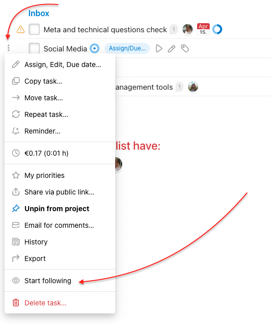 Start following a task via three-dot menu.