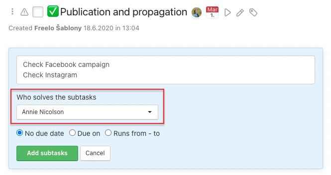 Assign subtask to one user in bulk.