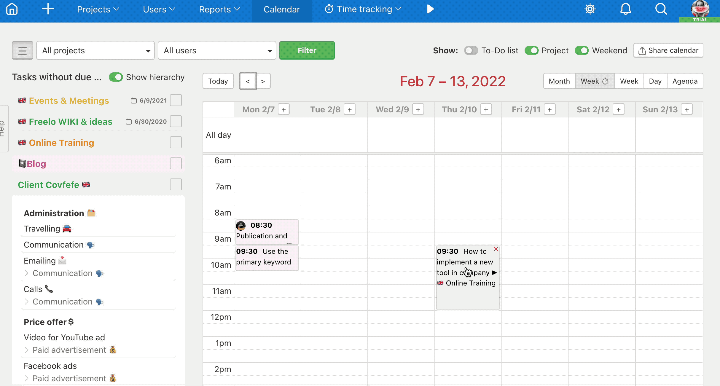 Example how to switch months and weeks in the Calendar, during changing the deadline.