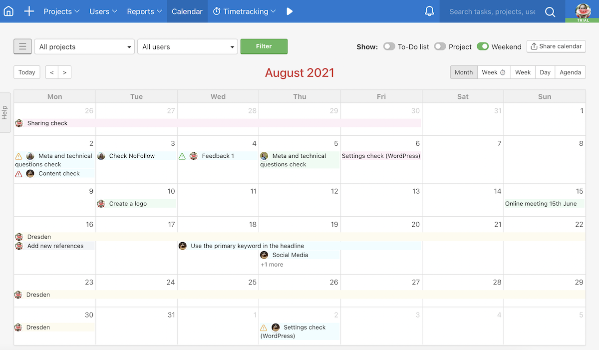 Example of Freelo Calendar in month view.