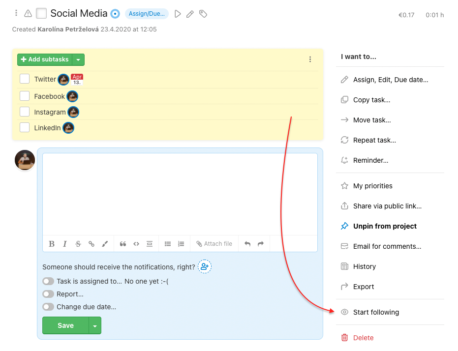 How to start following a task from task detail.