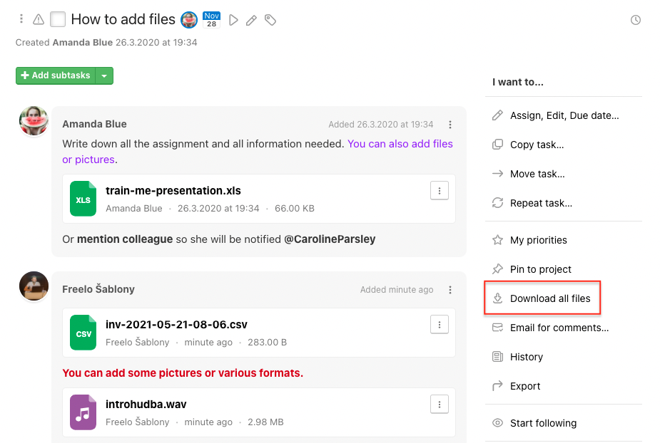 How to download attached files to a task at once.