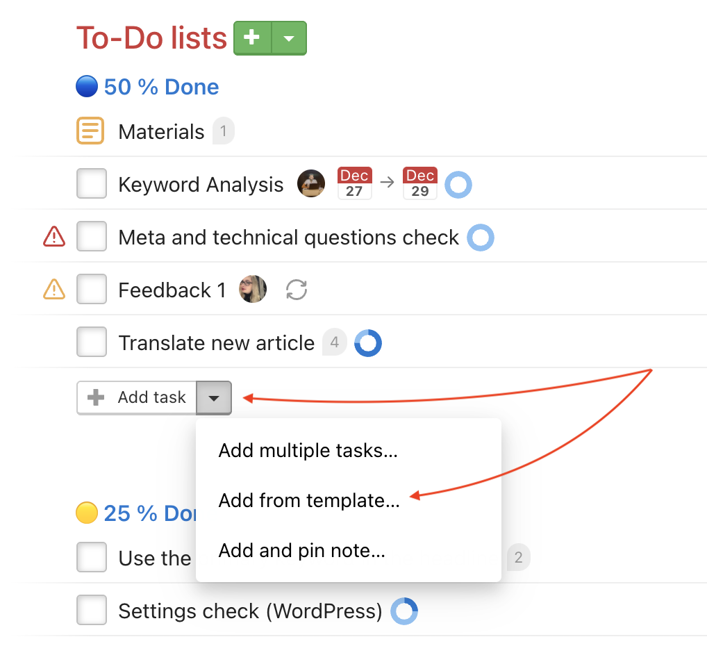 Sample how to add one or more tasks from a template.