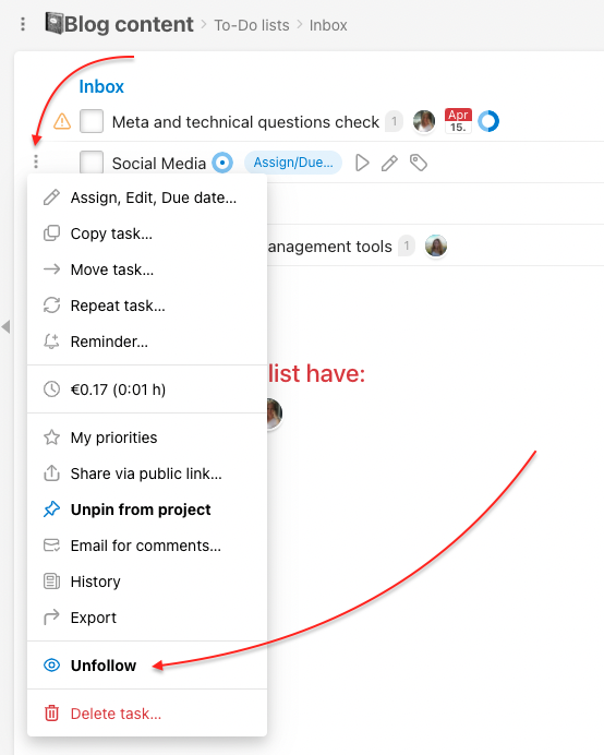 How to unfollow a task on To-Do list detail.