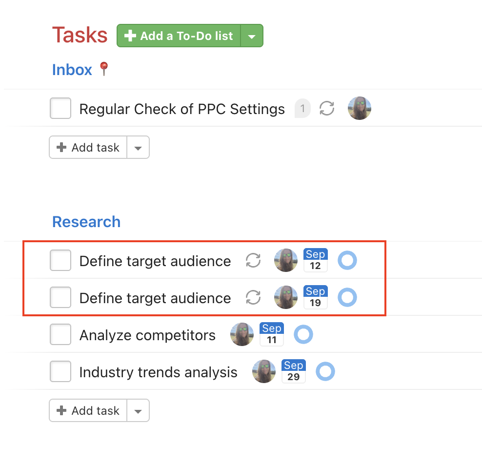 Identical repeated tasks in a To-Do list.