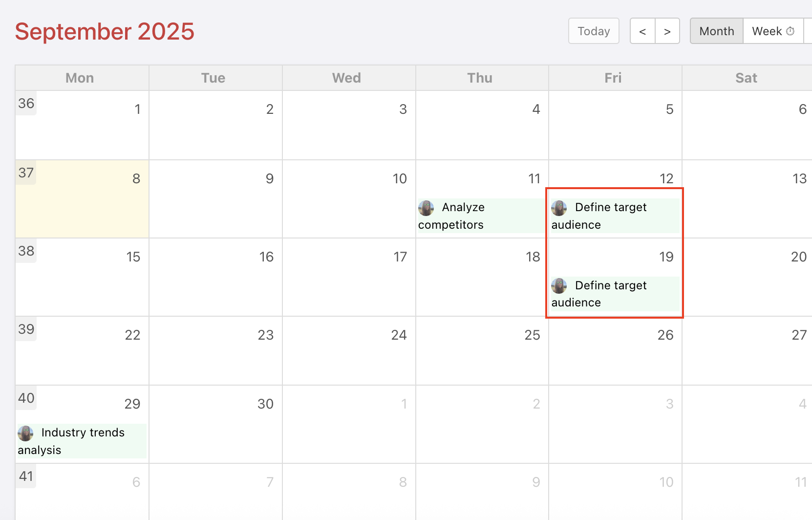 Example of repeated tasks visible in the Calendar.