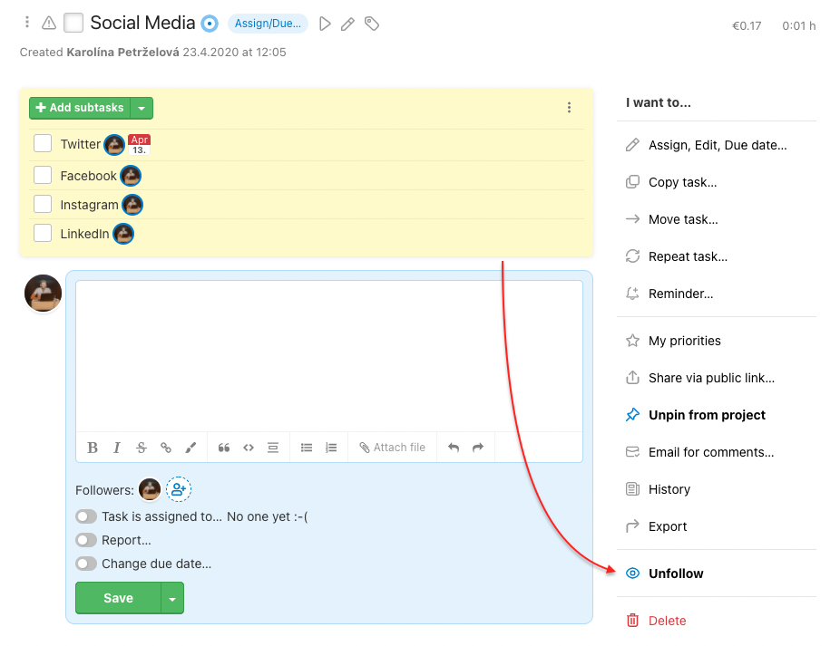 How to unfollow a task.