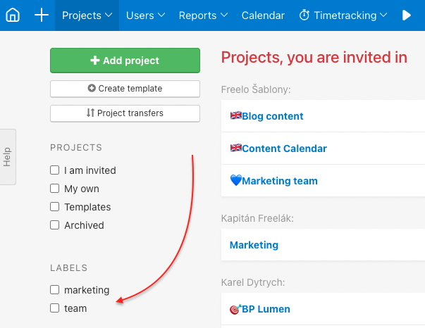 Sort the projects by label in the section All projects.