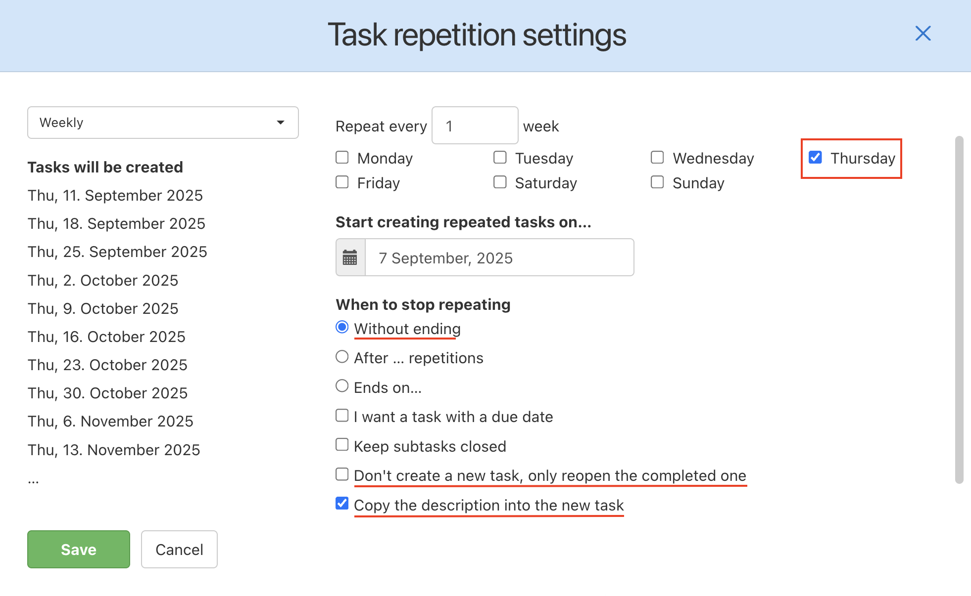 How to set up repeated tasks on a weekly basis.