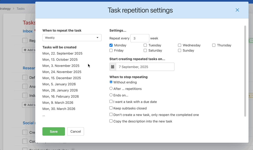 How to set up a repeated task with a due date for the current task.